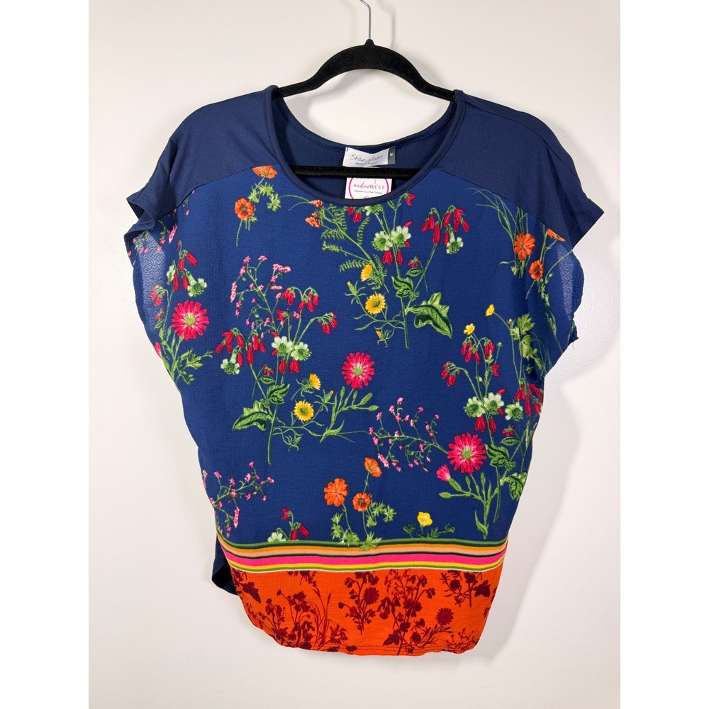 Star Vixen Top Women M Blue NWT Floral Short Sleeve Mixed Media Blouse colorful